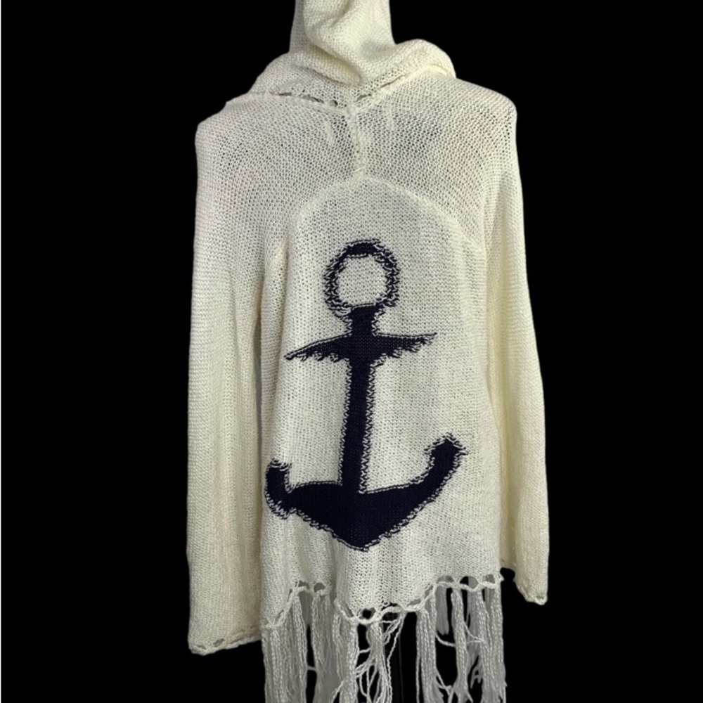 Vintage Havana womens medium coastal knitted hoodie Drawstring off white fringes